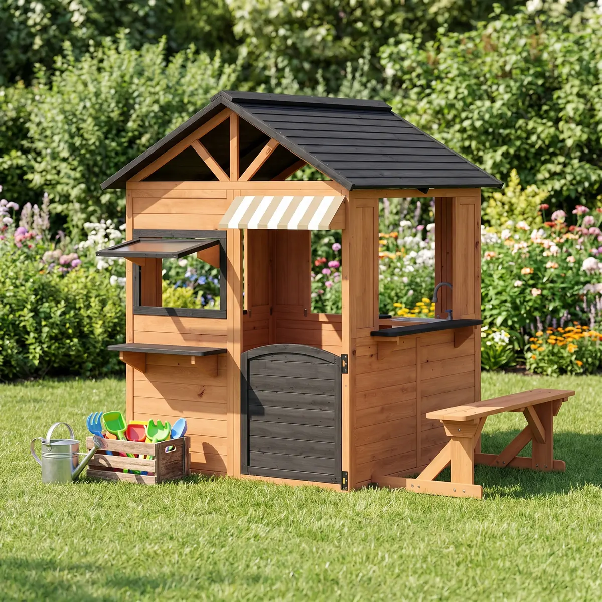 AIYAPLAY Kinderspielhaus aus Holz Spielhaus Outdoor mit Spielküche