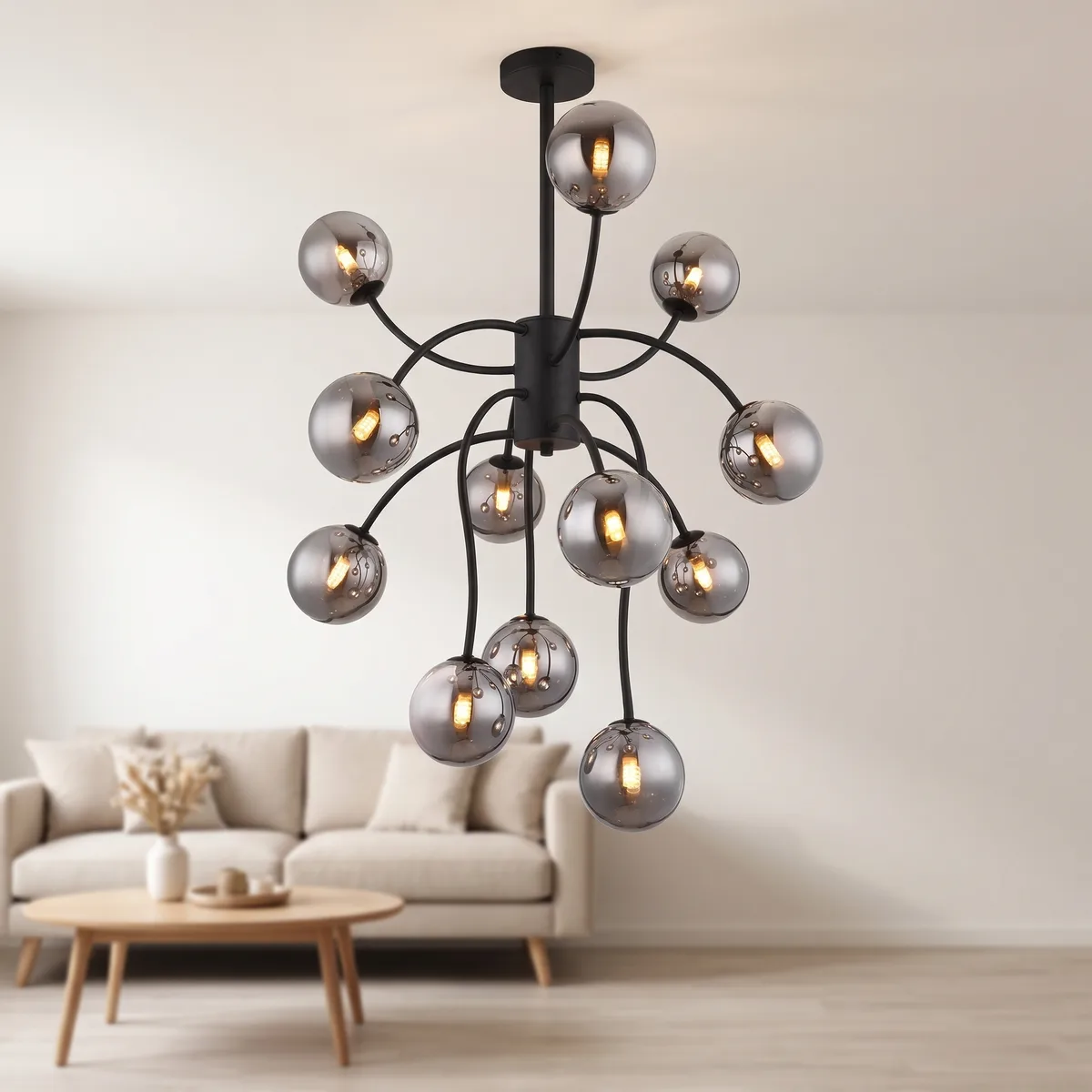 GLOBO Deckenleuchte Rauch mattschwarz Glas Metall G9 12 Brennstellen