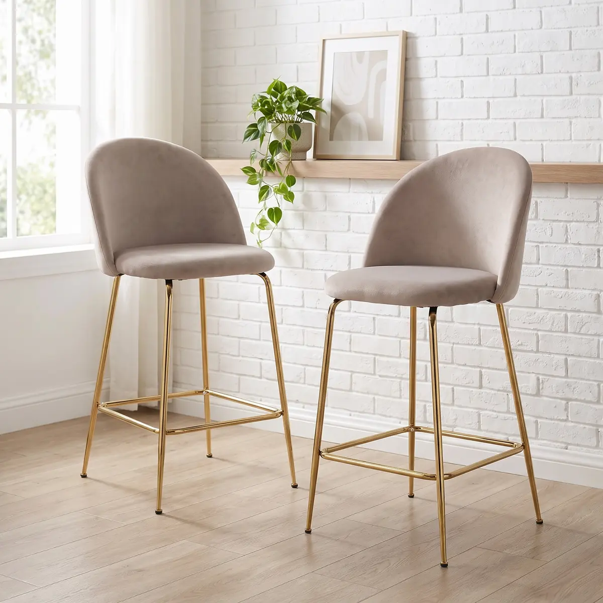 FineBuy 2er Set Barhocker Samt Hocker mit Lehne & goldenen Beinen