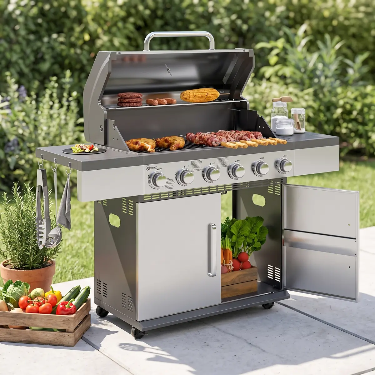 Outsunny Gasgrill 8500BTU Grillwagen inkl 6 Edelstahl-Brenner Rolle