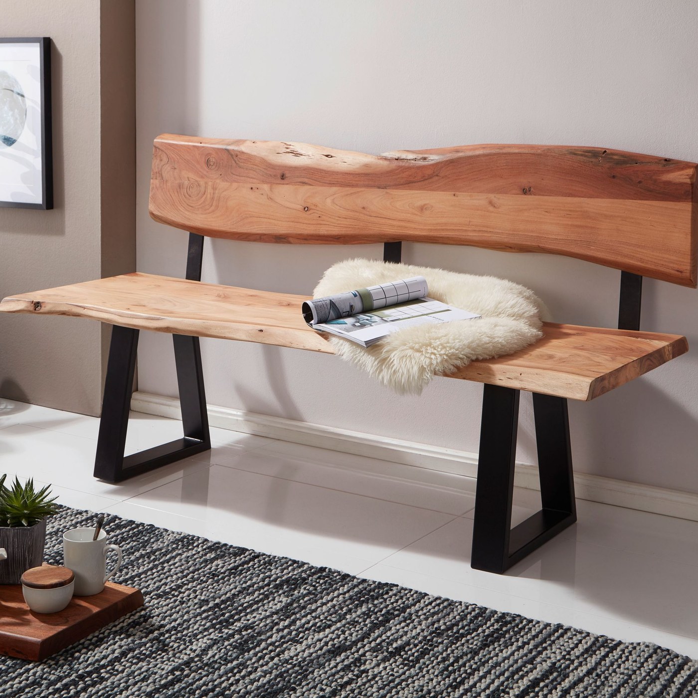 FineBuy Esszimmerbank TREE 180x85,5x60 cm Akazie Massivholz Bank mit Baumkante