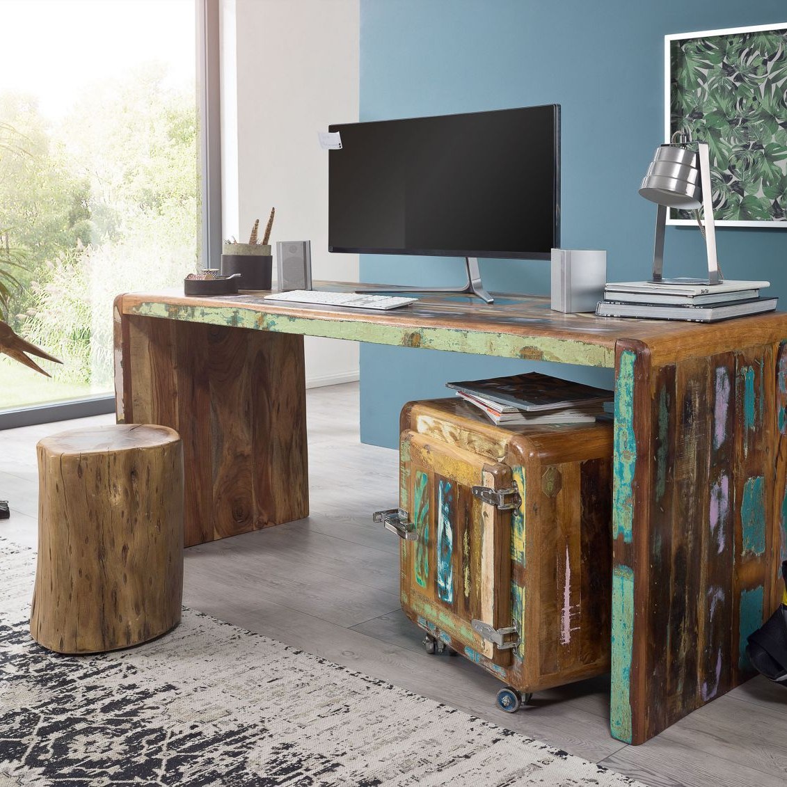 Massivmoebel24.de Schreibtisch Altholz 170x65x76 mehrfarbig lackiert FREEZY #40