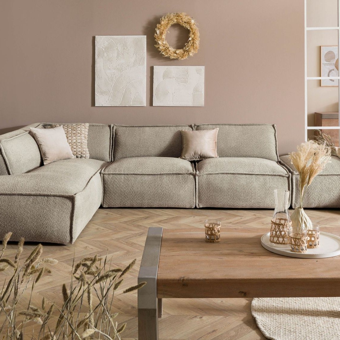 Massivmoebel24.de Ecksofa inkl. Hocker 285x220x79 Polyester taupe RAVENNA