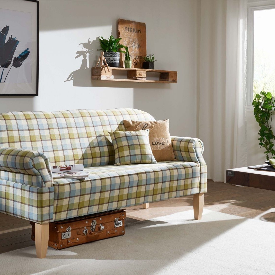 Massivmoebel24.de Küchensofa 188x78x97 hell kariert EDINBURGH