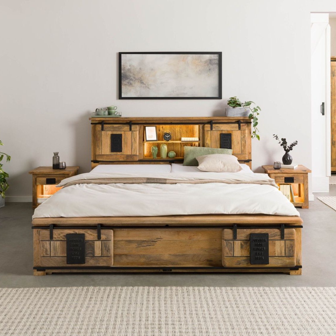 Massivmoebel24.de Bett mit Schubladen Mango / Altholz 140x200x107 natur lackiert RAILWAY LUX