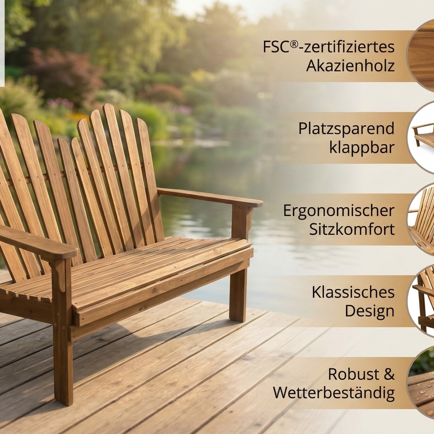 Prestige Home Living Outdoor 2-Sitzer Adirondack Gartenbank aus Akazienholz