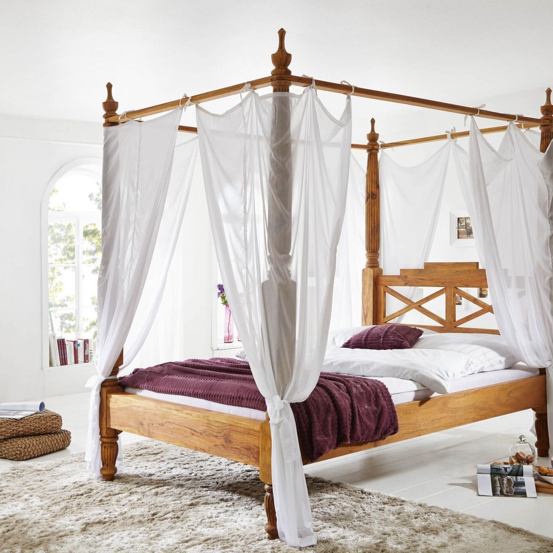 Massivmoebel24.de Himmelbett Sheesham 140x200x224 braun geölt NATURE BROWN #530