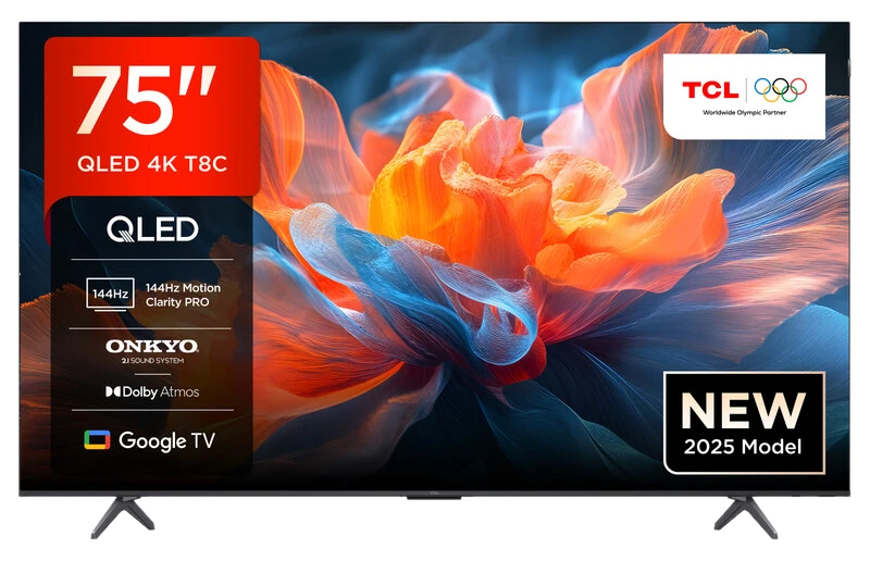 TCL 75T8C 75 Zoll QLED 4K Smart Google TV mit 144Hz Motion Clarity