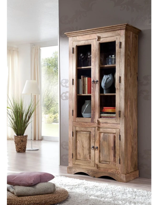 Massivmoebel24.de Vitrine Sheesham 90x40x190 grau geölt LEEDS #47