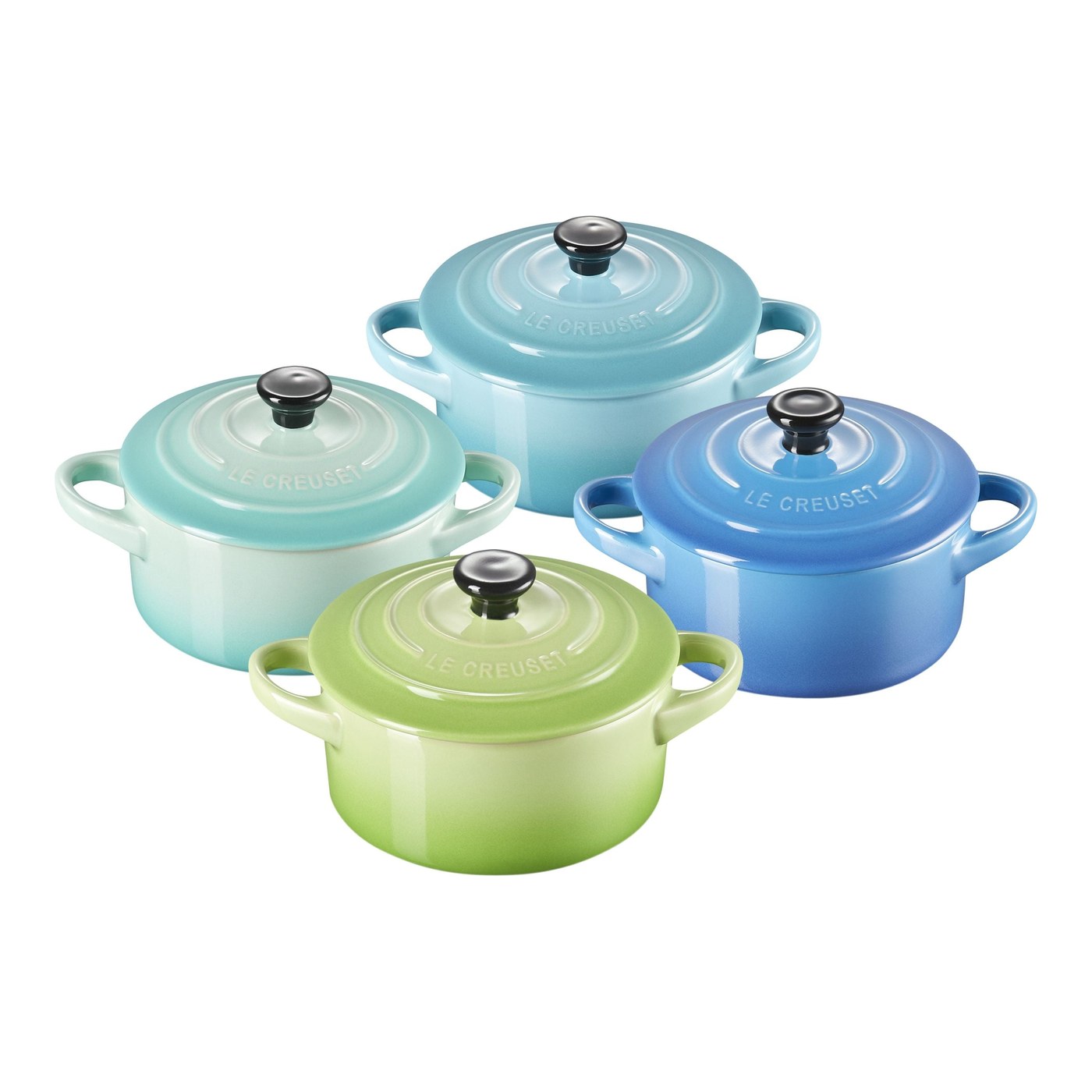 Soufflé- und Auflaufförmchen Mini Cocotte Metallics Geschirr zum Backen und Servieren 250 ml blau und grün