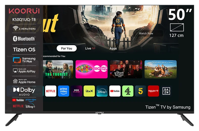 KOORUI 50 Zoll Fernseher: Rahmenloses 4K QLED TV Gerät mit TIZEN OS