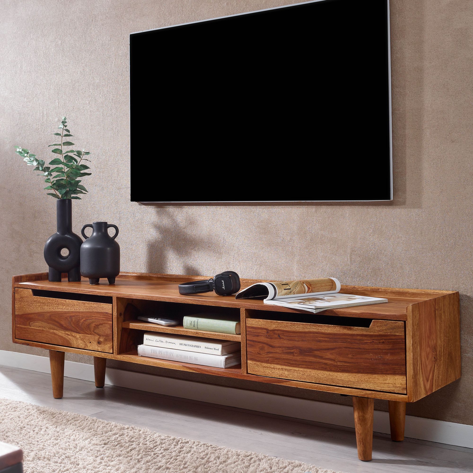 FineBuy Lowboard Sheesham Massivholz 145x43x35 cm TV-Kommode mit zwei Türen