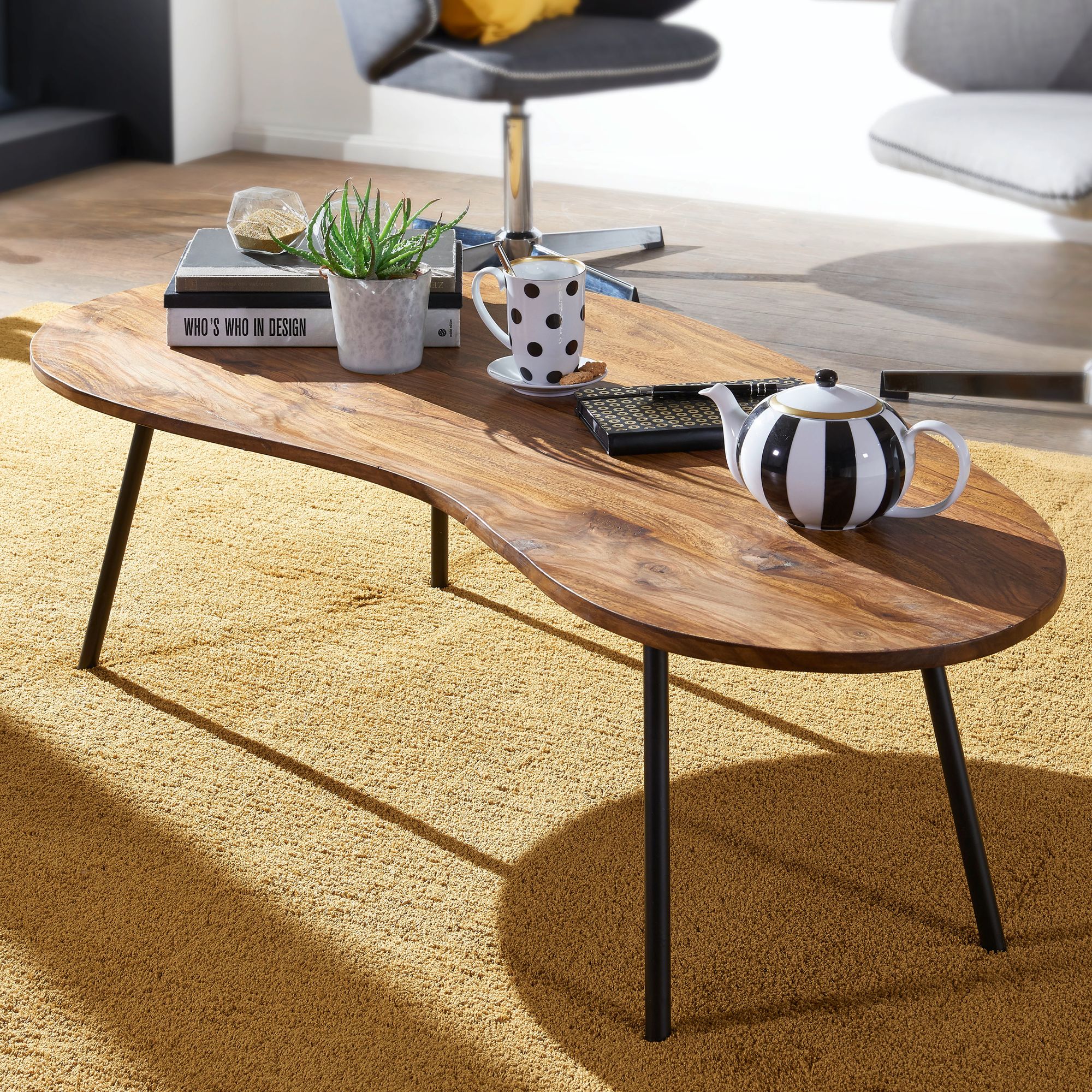 FineBuy Couchtisch Sheesham Massivholz 122x63 cm