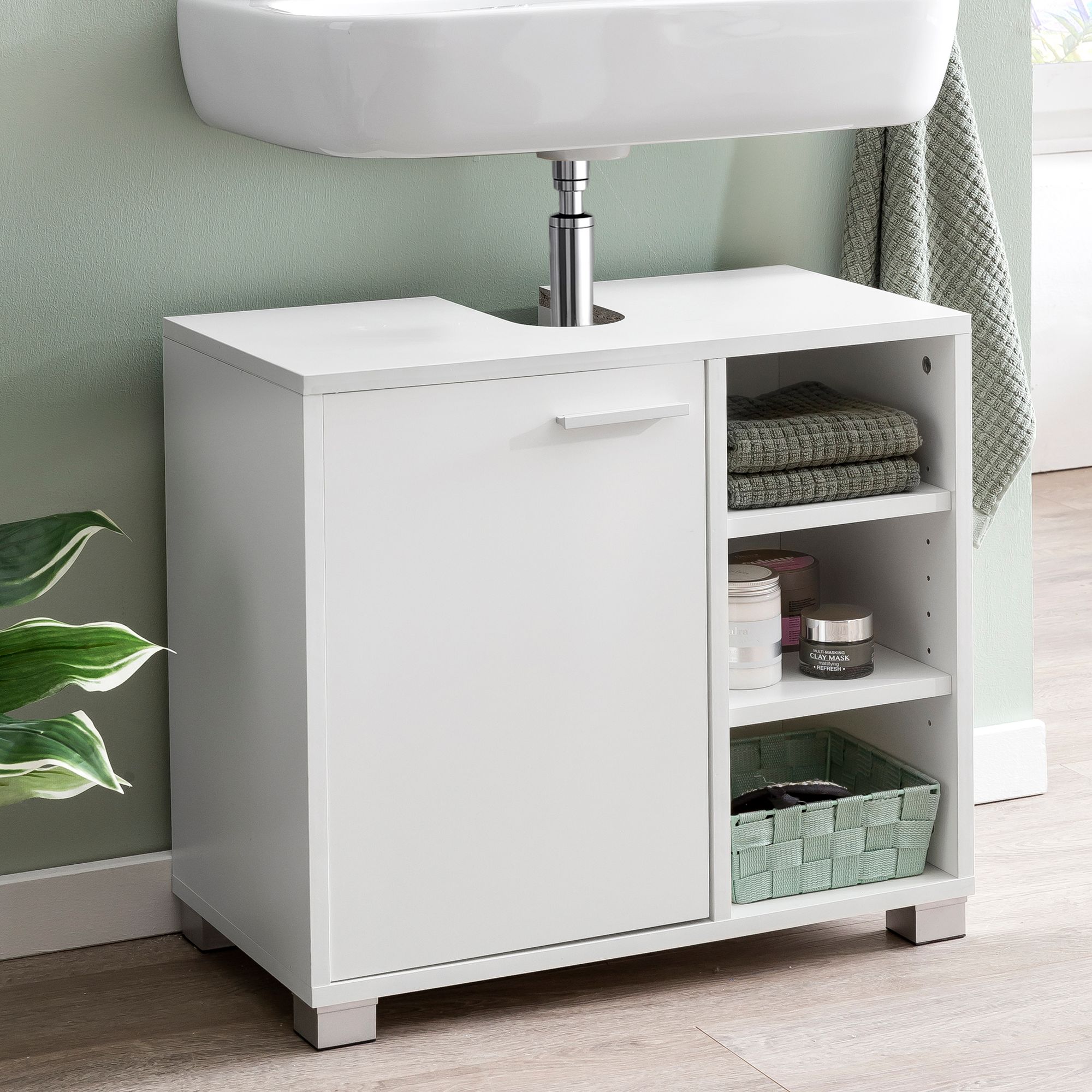 FineBuy Waschbeckenunterschrank 60x55x32 cm weiß mit Tür
