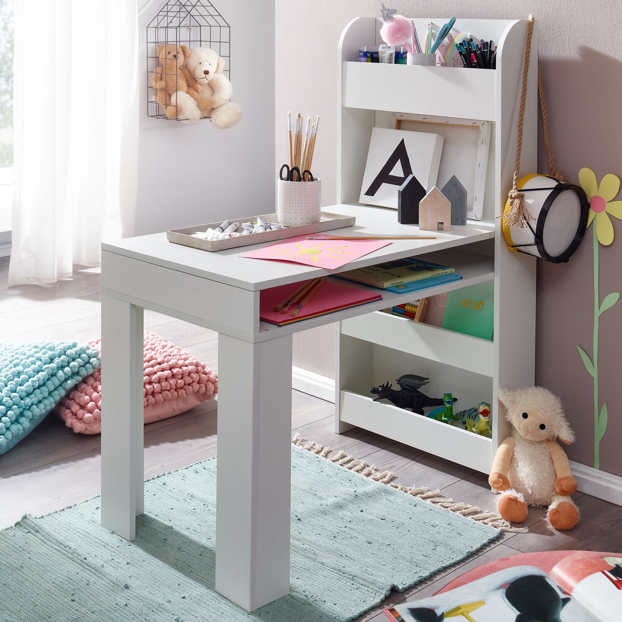 FineBuy Kinderschreibtisch mit Regal, Weiß, 90x50x110 cm