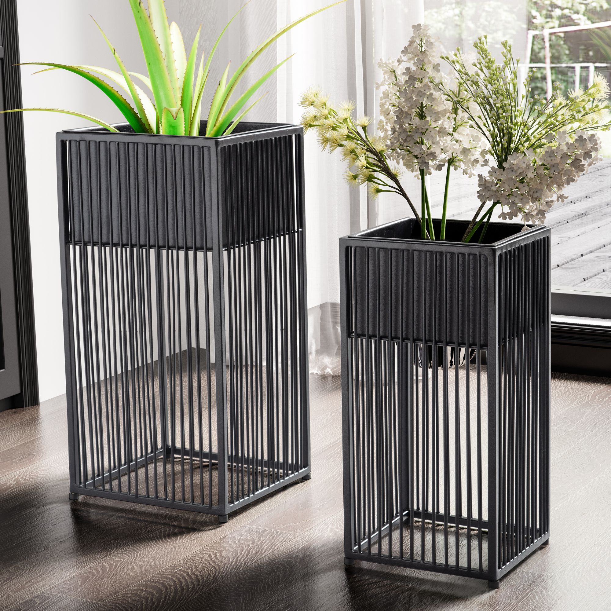 FineBuy Blumentopf 2er Set Metall Pflanzkübel Schwarz mit Gestell