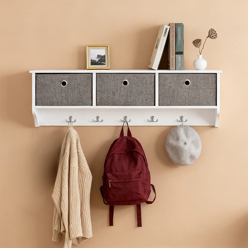 SoBuy Wandgarderobe Flurgarderobe Kleiderhaken Wandregal mit 3 Körben und 5