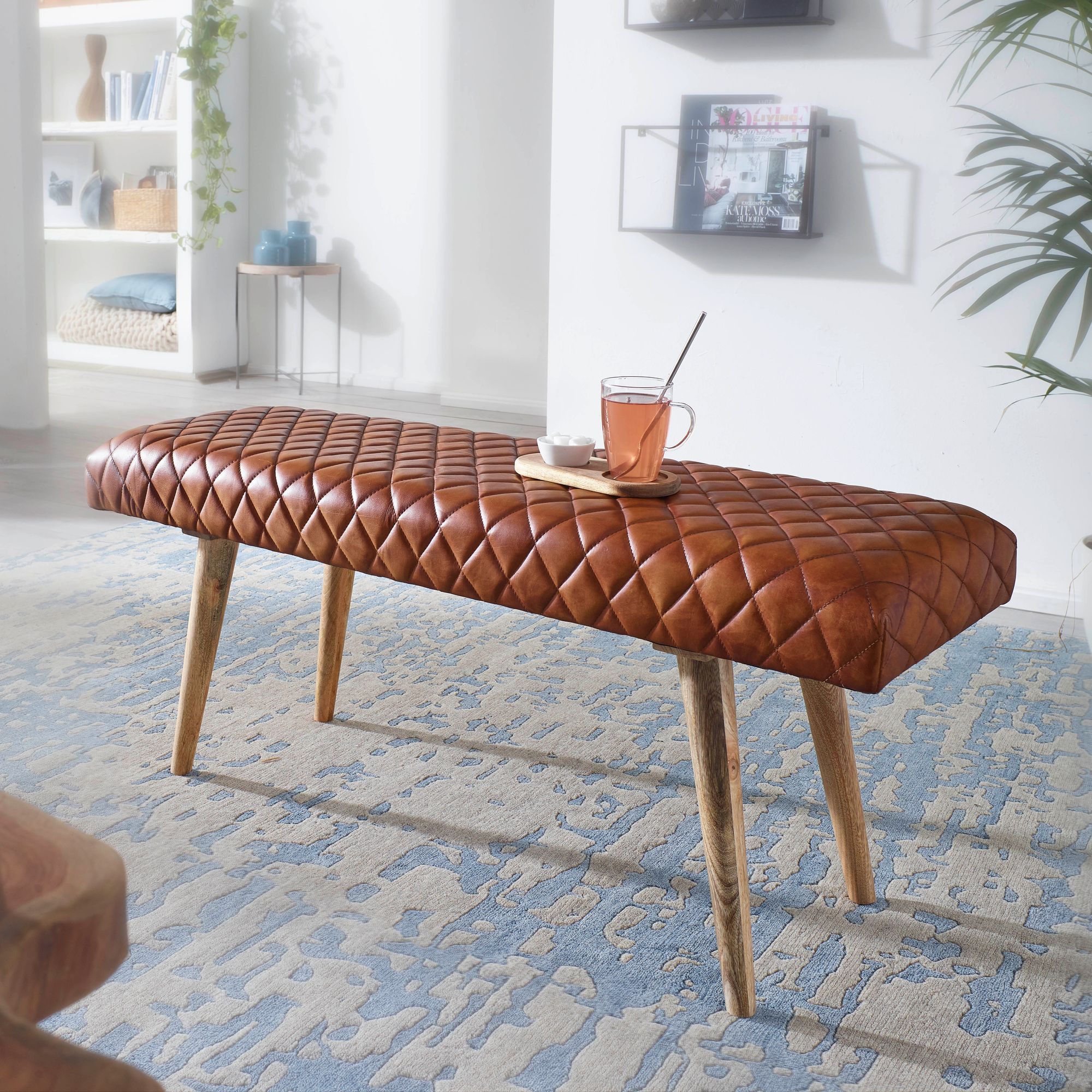 FineBuy gepolsterte Sitzbank 115 cm Massivholz Echtleder Braun