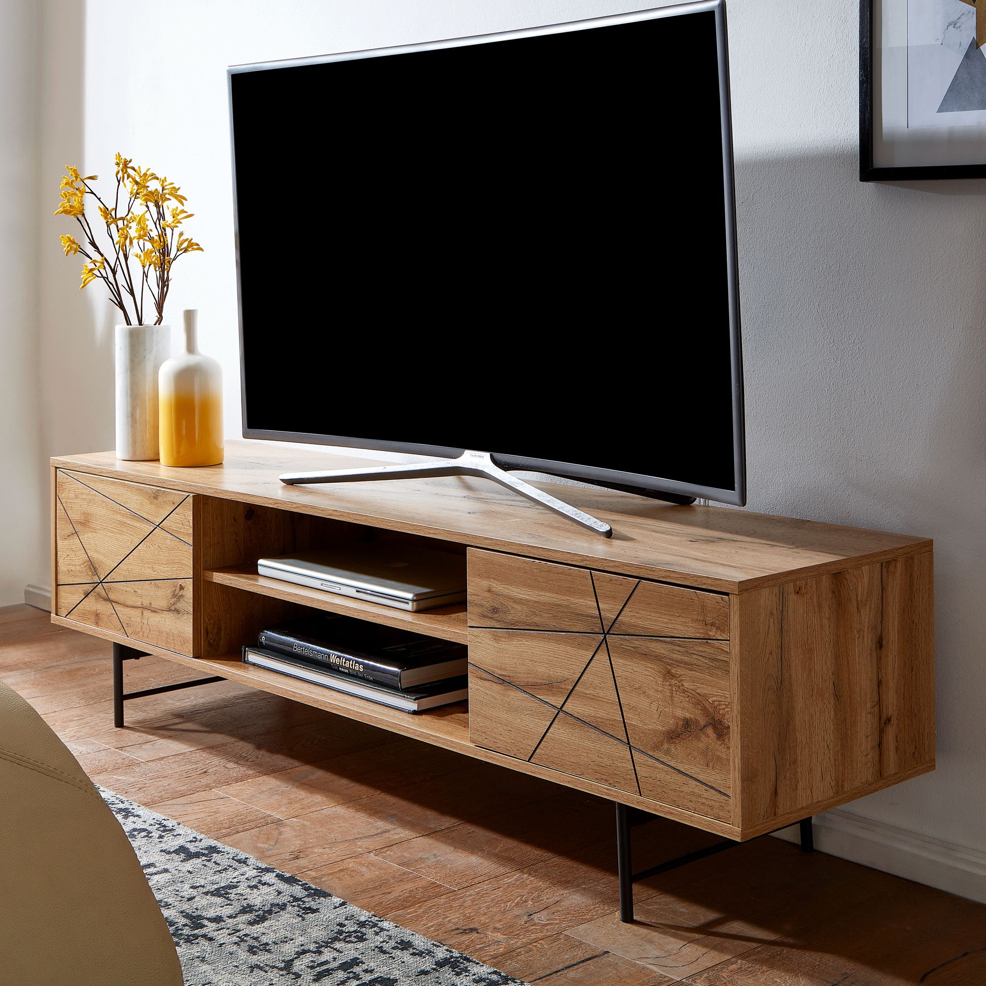 FineBuy Lowboard Holz Eiche-Dekor 160x45x40 cm TV-Kommode mit zwei Türen