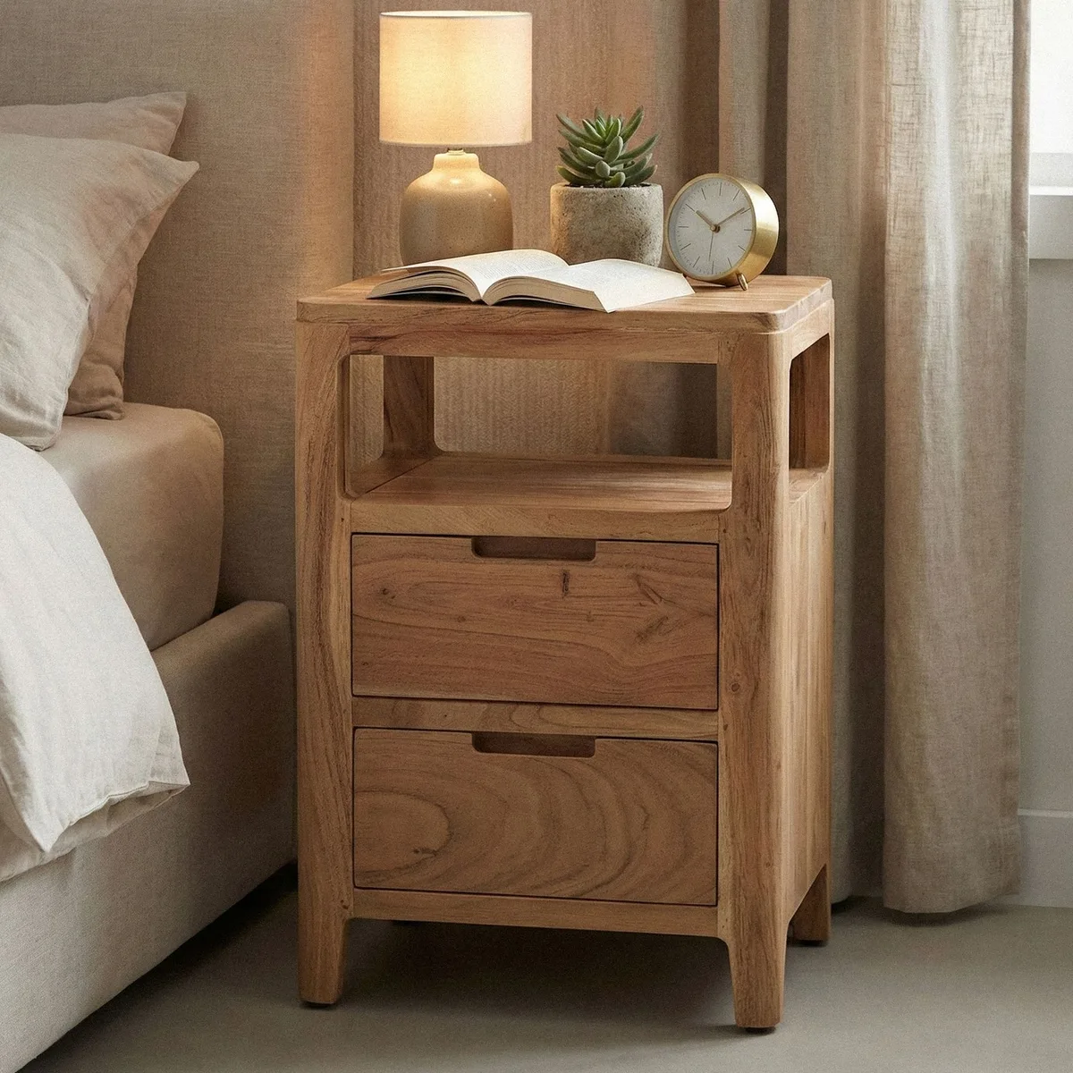 FineBuy Nachttisch Akazie Massivholz 40x60x30 cm
