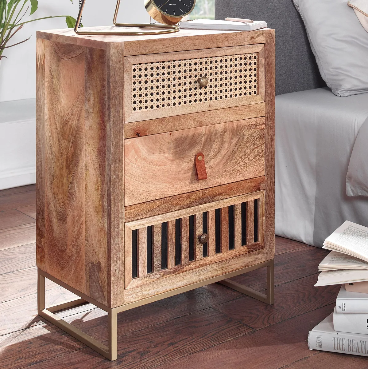 FineBuy Nachttisch aus Mango Massivholz mit Metallgestell und 3 Schubladen