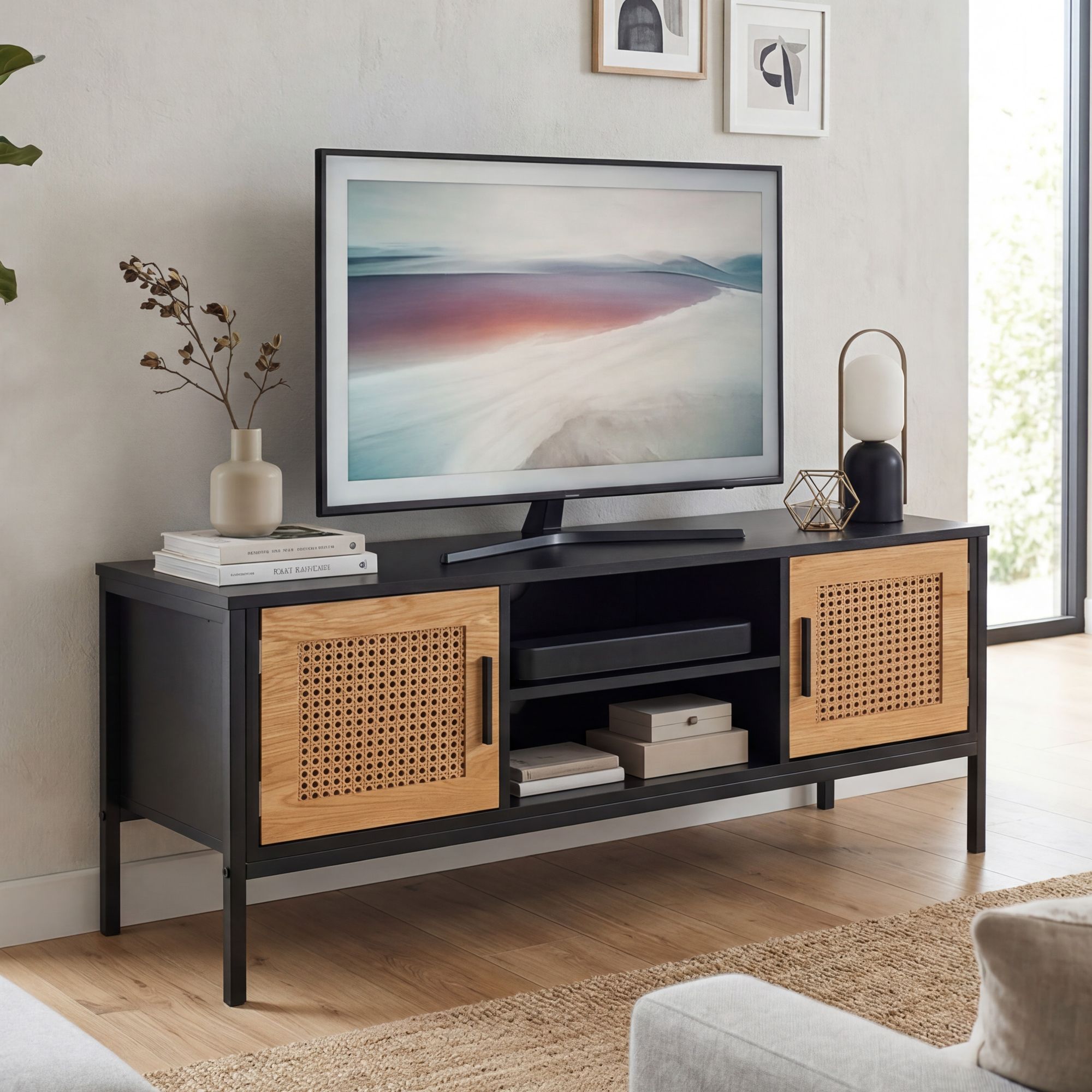 FineBuy Lowboard Schwarz / Eiche mit Wiener Geflecht 110x48x40 cm TV-Kommode