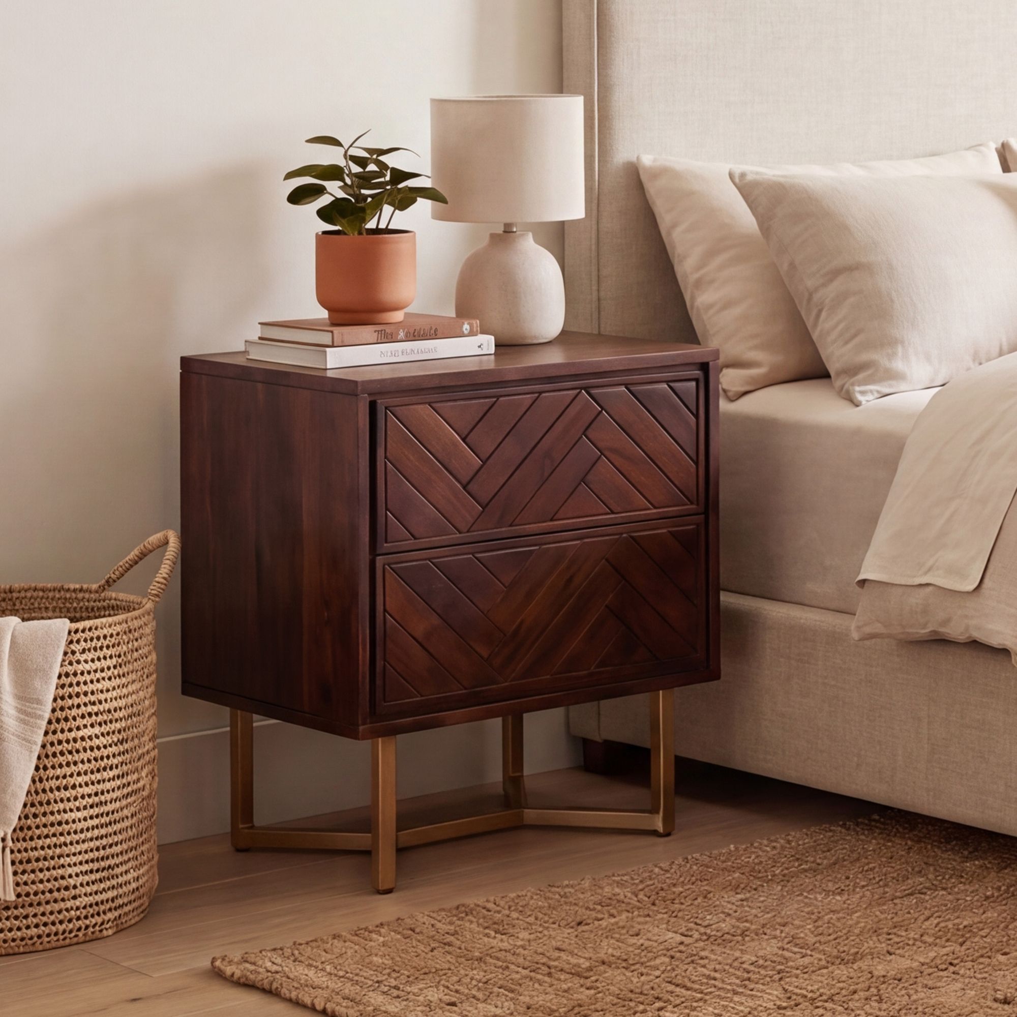 FineBuy Nachttisch Akazie Massivholz Braun mit 2 Schubladen & goldenem