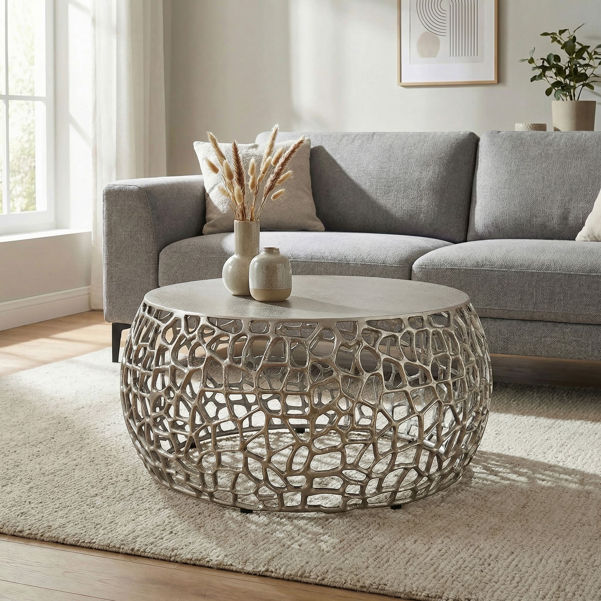 FineBuy Couchtisch Metall Silber 60cm Sofatisch Aluminium Rund