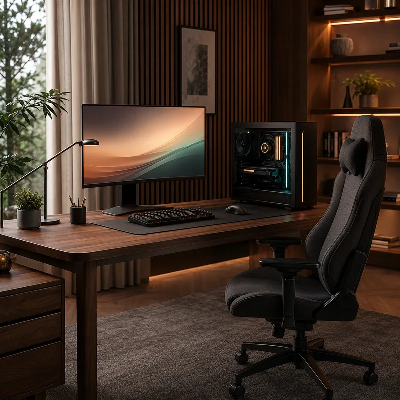 Moderner Schreibtisch mit Gaming-Stuhl und PC im warmen Licht