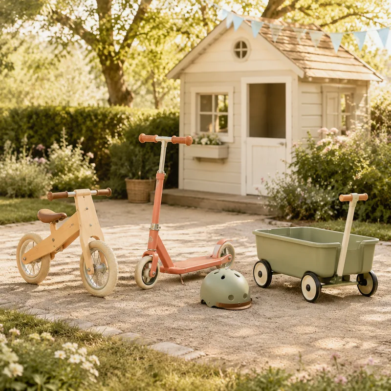 Laufrad, Roller und Bollerwagen vor einem Spielhaus im Garten